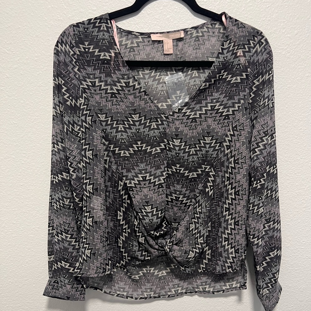 Forever 21 Gray White Purple Long Sleeve Sheer Blouse Size Small